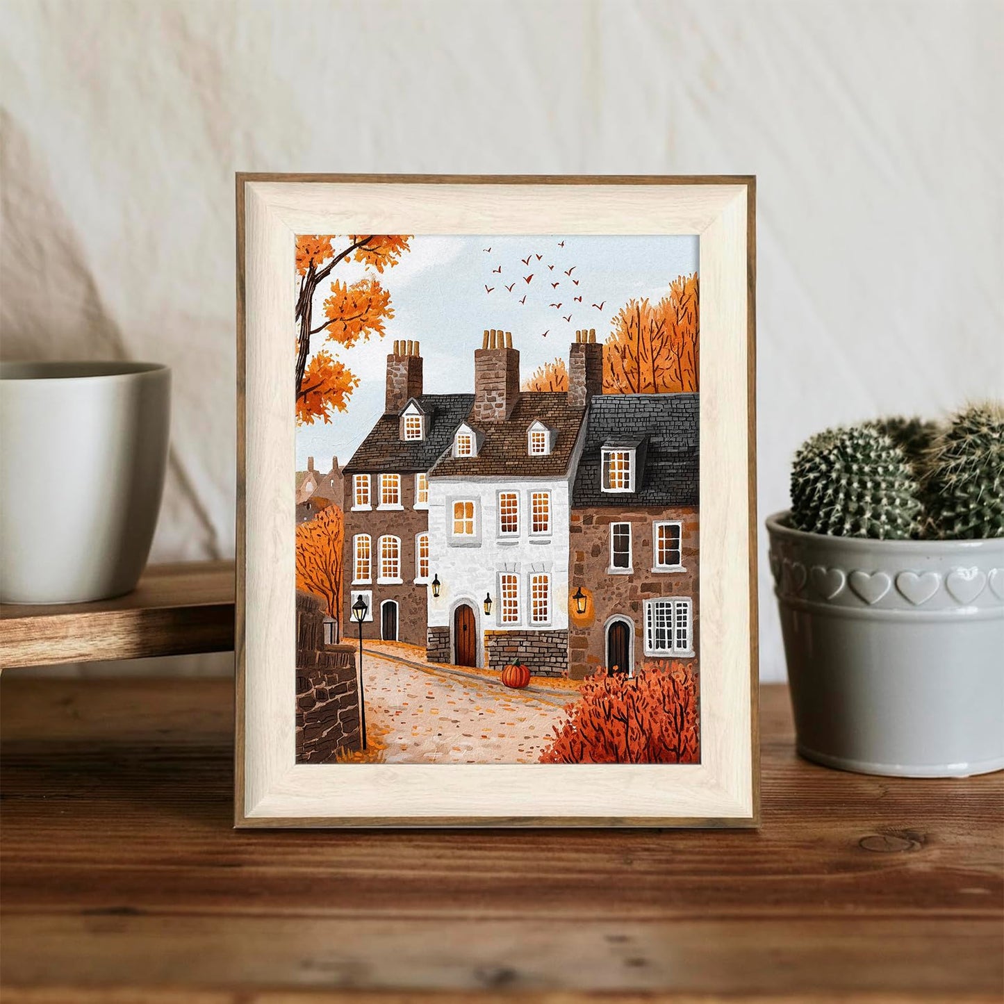 XOCUUI Autumn Cozy Village Landscape Scene 8x10 Unframed Canvas Print, Rustic Fall Street Scene Wall Art With Warm Colors, Thanksgiving House Office Entryway Seasonal Decor