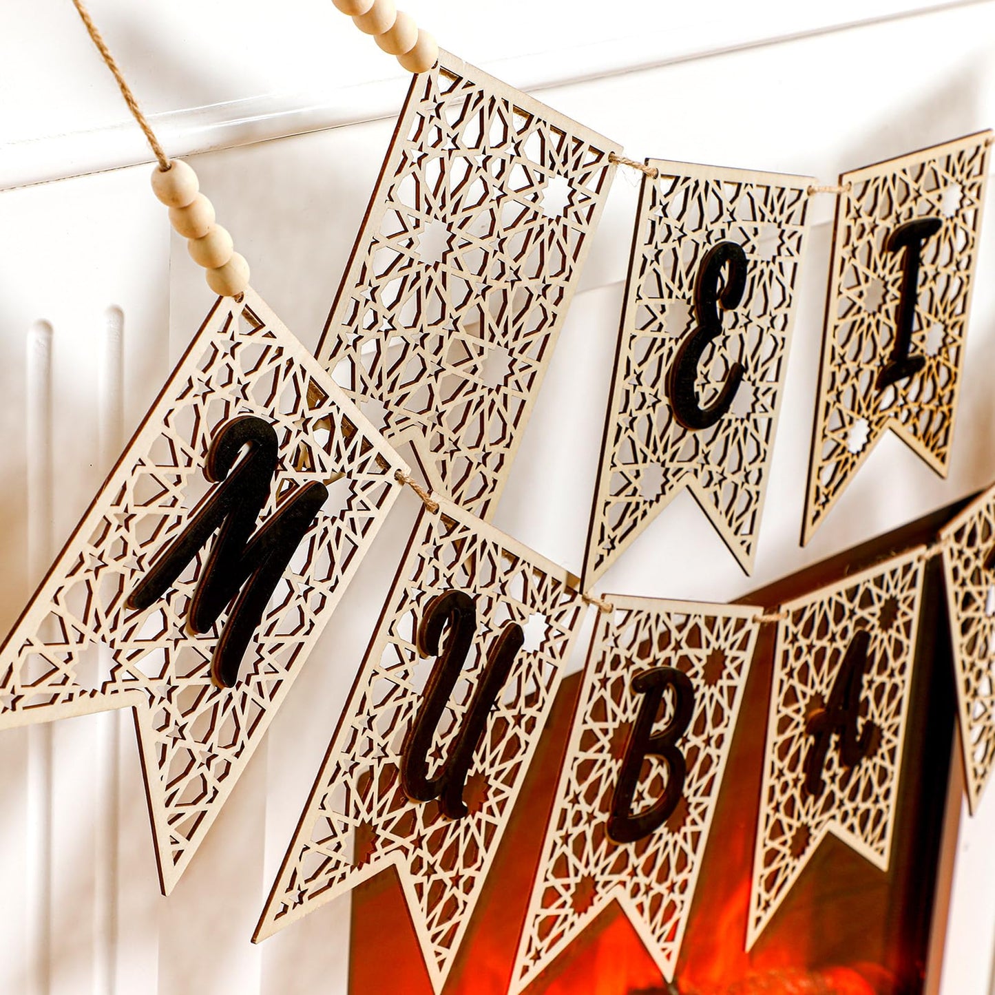 Menkxi 2 Pcs Eid Mubarak Banner Decorations Wooden Ramadan Eid Decoration for Home Rustic Ramadan Mubarak Garland Hanging Supplies for Mantel Fireplace Muslim Home Indoor Outdoor Party(Natural, Black)