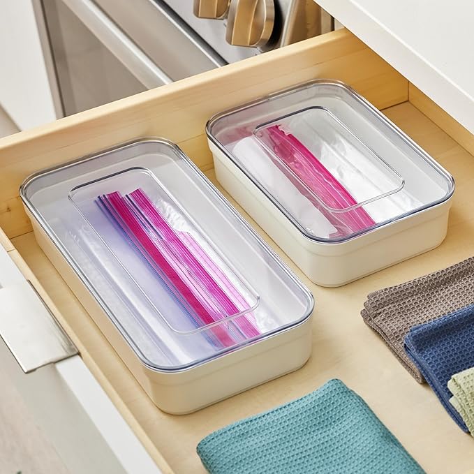 iDesign Gallon Bag Organizer - Plastic Food Storage Bag Holder for Kitchen Drawer, Clear/White