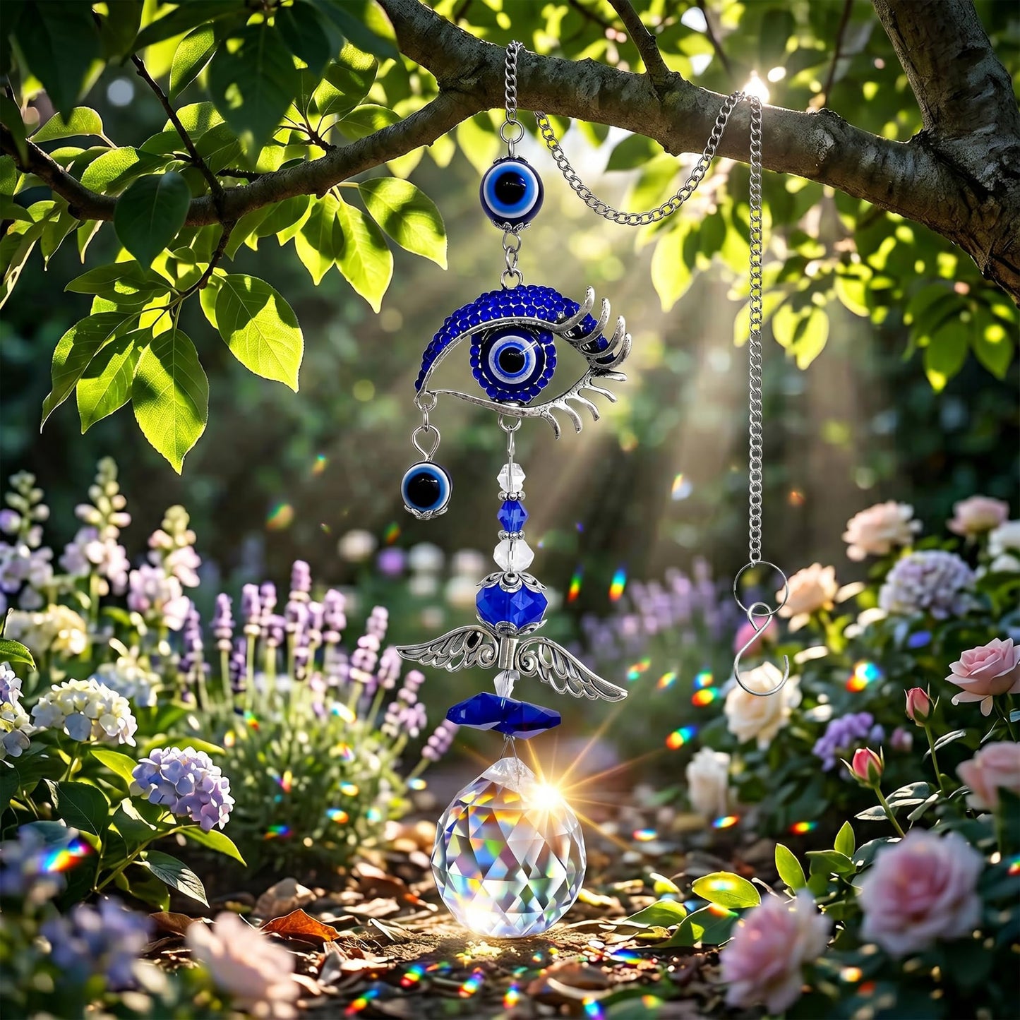 Crystal Suncatcher for Windows - Hanging Prism Sun Catchers with Crystal Balls&Blue Eye, Rainbow Maker for Home、 Garden、Car Decor (Evil Eye)