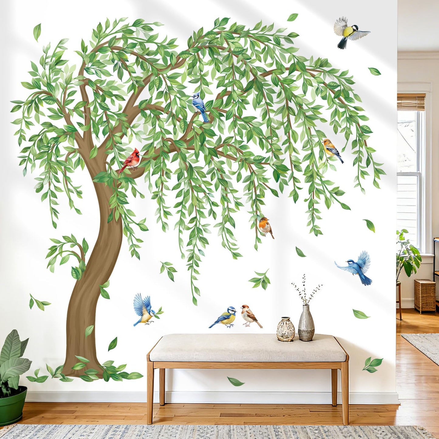 decalmile Large Green Tree Wall Stickers Hanging Vine Falling Leaves Birds Wall Decals Living Room Bedroom Office Wall Decor Home Decor