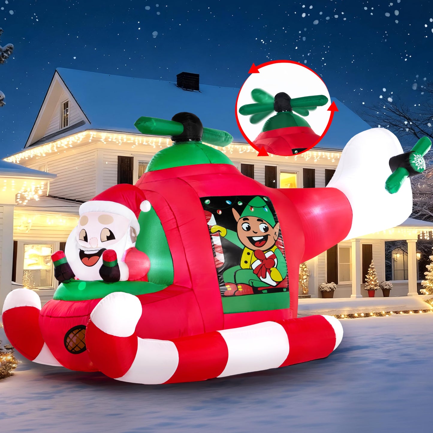 JOIEDOMI 7 FT Long Christmas Inflatable Santa Elf on Animated Helicopter, Blow Up Santa Inflatable on Flying Airplane with Rotating Propeller Yard Decor with LED for Xmas Party Garden Lawn Decor