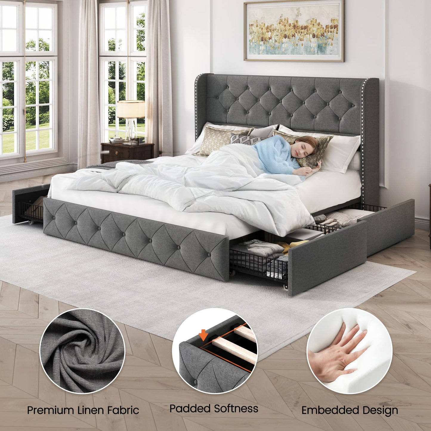 LARMACE Queen Size Platform Bed Frame with 4 Storage Drawers and 47.2" Tall Tufted Headboard Linen Upholstered Bed Wingback Bed Frame with Wooden Slats Support, Easy Assembly, Light Grey
