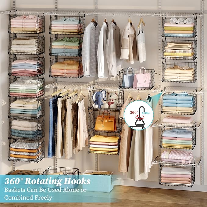 3-Pack Hanging Laundry Room Organizaton：Foldable Laundry Basket Wire Basket with 360°Rotating Hooks Small Space Organization Over Washer and Dryer Shelves - Hanging Closet Organizer, Black Patent