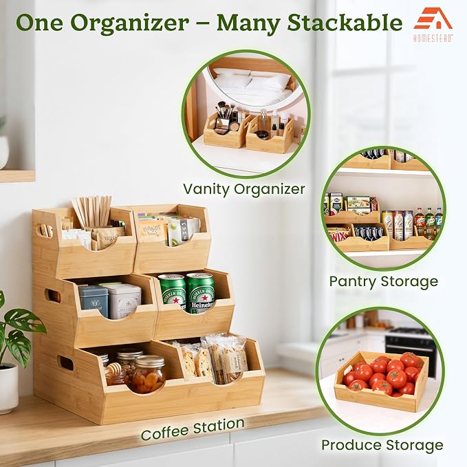 HOMESTEAD 3-Tier Bamboo Pantry Storage Bins – Stackable Potato & Onion Storage Bin with Handles, Fruit Basket & Produce Organizer for Kitchen Countertop, Pantry Organization, Set of 5