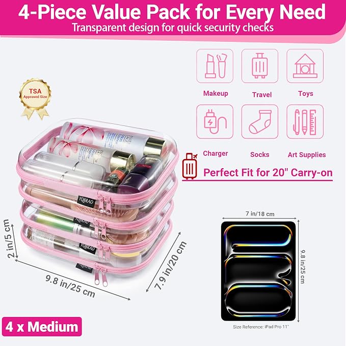 YQBRAO 4-Pack Clear Diaper Bag Organizer Pouches, 1.2mm Ultra-Thick PET Travel Pouches for Toiletries & Makeup, Rigid Self-Standing Bags with YKK Zippers, TSA Approved (Pink)
