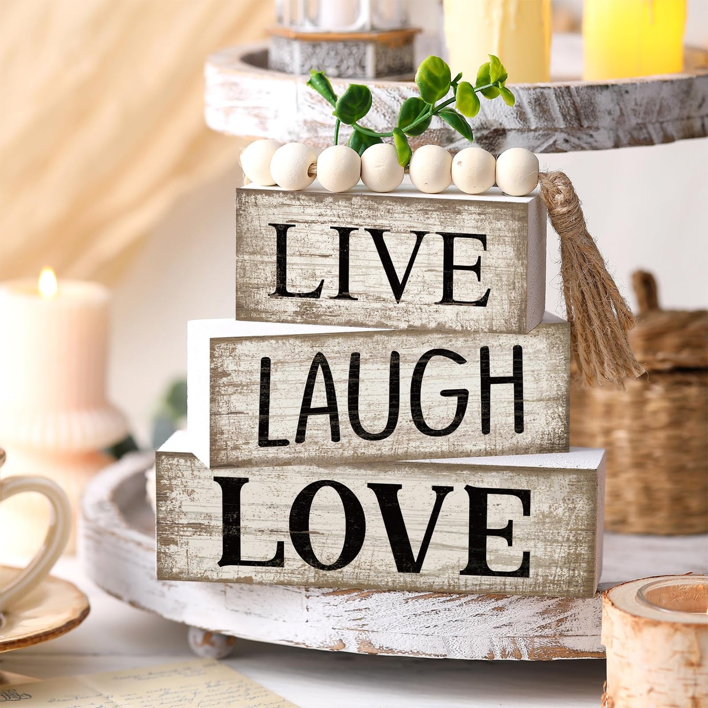 Yuntau 5 Pcs Rustic Farmhouse Tiered Tray Farmhouse Fake Books Decoration Life Laugh Love Wooden Tabletop Decor Love Block Decor Wood Block Sign Gift Centerpiece for Shelf Coffee Mantle Kitchen Table