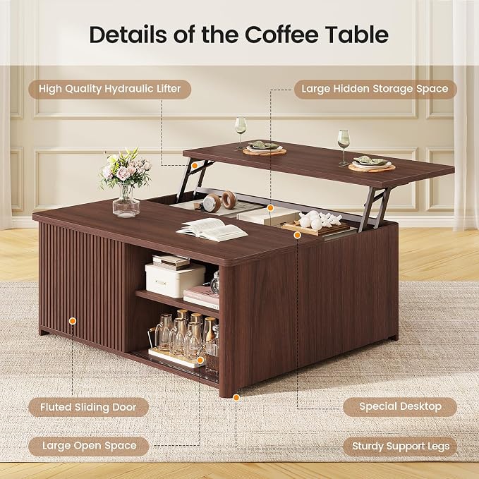 SEDETA 31.5" Lift Top Coffee Table with Storage, Square Coffee Tables for Living Room, Fluted Coffee Table with Large Hidden Storage Compartment and Adjustable Shelves, Walnut