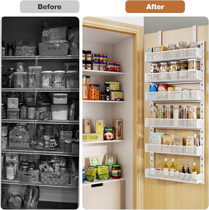Pantry Door Organizers and Storage, 6-Tier Large Metal Heavy-Duty Frame Over the Door Spice Rack, 2 in 1 Wall-Mounted or Hanging shelf for Kitchen, Bathroom, Laundry Room, Bedroom, Closet &Nursery
