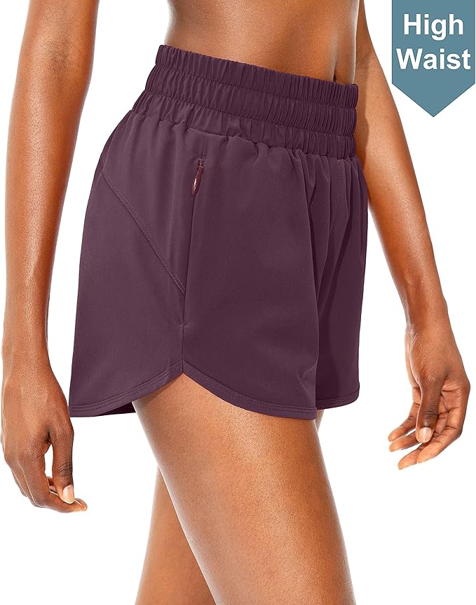SANTINY Women's Running Shorts with Zip Pockets High Waisted Athletic Workout Gym Shorts for Women with Liner