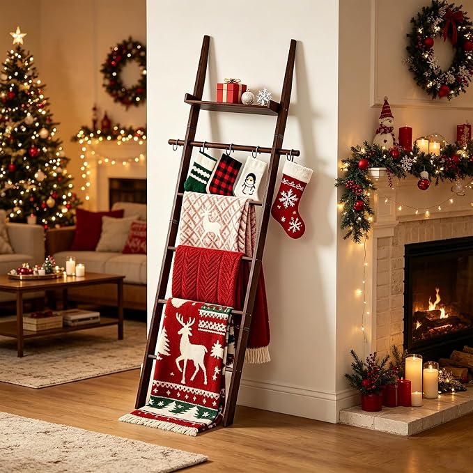 Farmhouse Wooden Blanket Ladder with Shelf,6-Tier Rustic Quilt Towel Rack Decorative Holder Wall Leaning Storage with Removable Hooks for Home Living Room Bedroom Decor Brown
