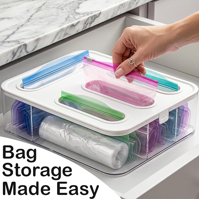 Knox Home & Health Bag Storage Organizer for Kitchen Drawer, Plastic Bag Container Holder, Baggie Dispenser for Gallon, Quart, Sandwich, Snack, Kitchen Organizers and Storage