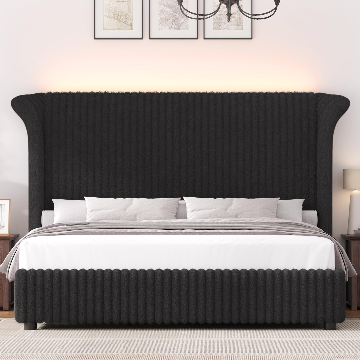 Keyluv Queen Bed Frame with 54” Tall Faux-Fur Wingback Headboard, Upholstered Platform Bed with LED Light, Mattress Foundation with Solid Wooden Slats Support, No Box Spring Needed, Noise-Free, Black