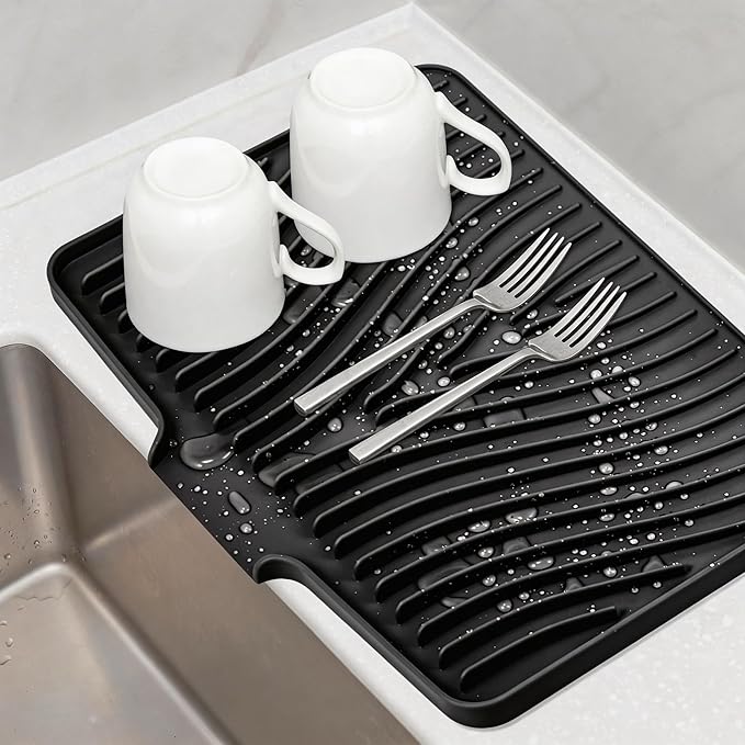 TIKNIK Silicone Dish Drying Mat for Kitchen Counter - Heat Resistant & Non-Slip Dish Drain Pad with Built-In Drain, Dishwasher Safe, Quick-Dry, Hangable & Roll-Up for Storage, Black-1pc, 16" x 12"