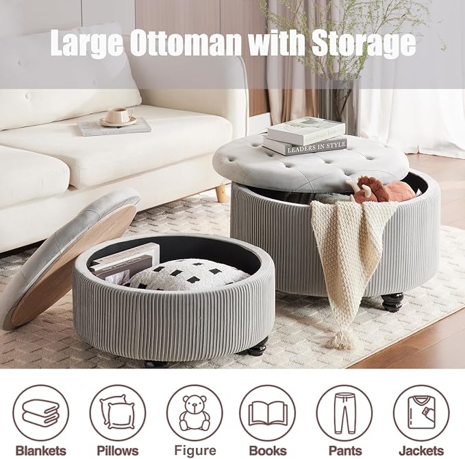29&24.5inch Large Round Storage Ottoman Coffee Table Set of 2 Modern Button Storage Coffee Table with Removable Lid for Living Room Upholstered Footrest Stool for Bedroom (Large-Light Grey)