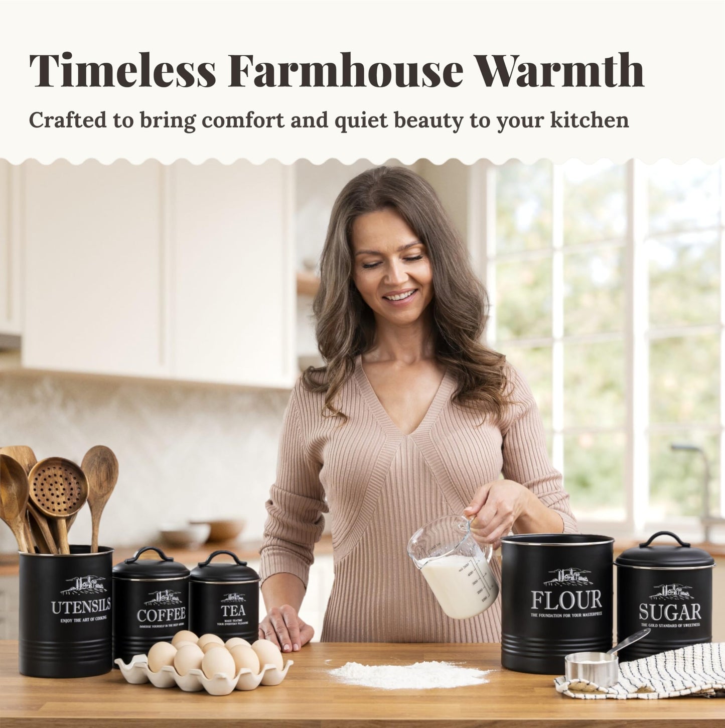 noonberry Kitchen Canisters for Countertop – 5-Piece Airtight Canister Sets for the Kitchen Counter with Utensil Holder – Flour Sugar Coffee Tea Containers – Matte Black Finish