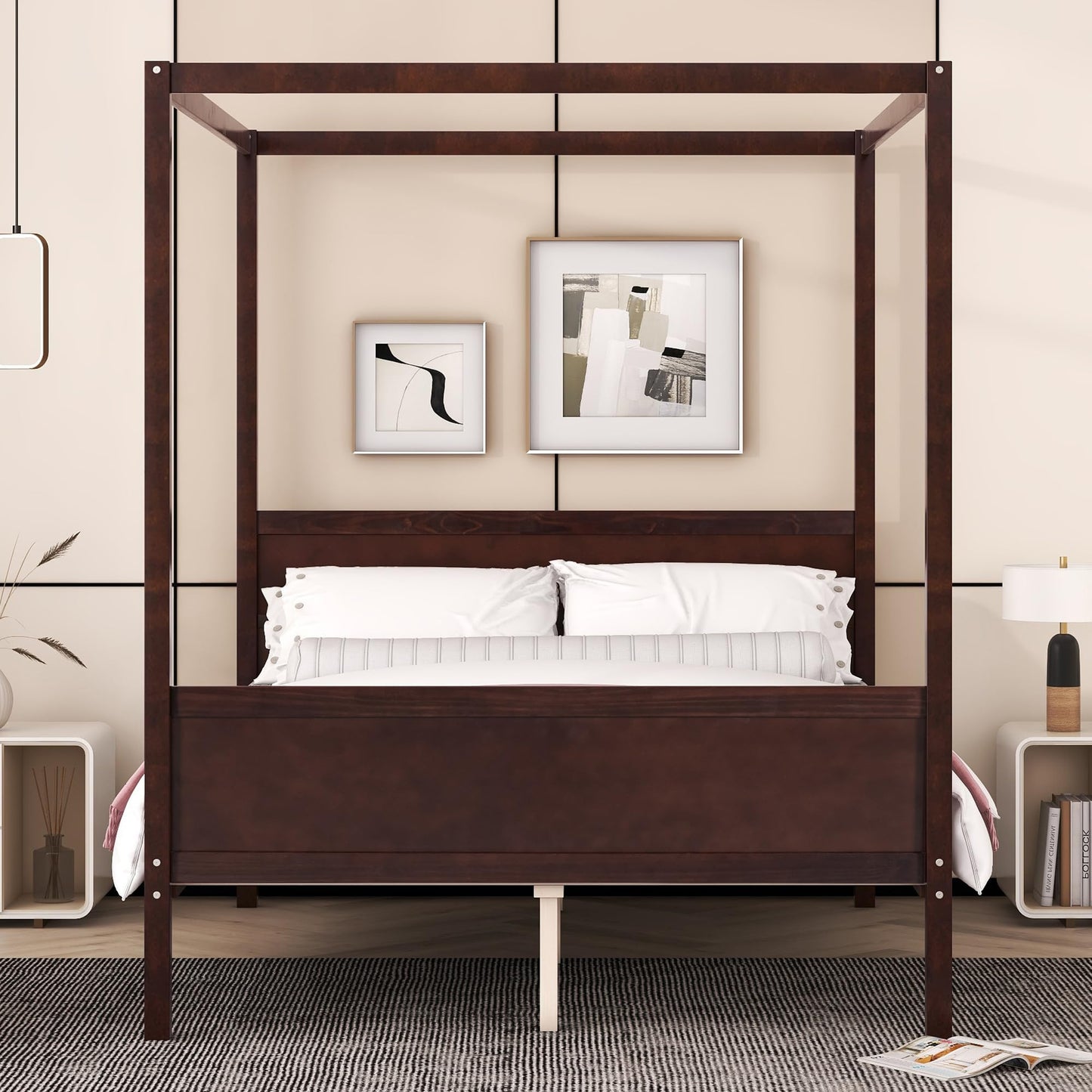 GDFStudio Queen Size Canopy Bed Frame, Wood Platform Canopy Bed Queen with Headboard and Footboard, Four Poster Canopy Bed Frame with Slat Support, No Box Spring Needed, Easy Assembly, Espresso