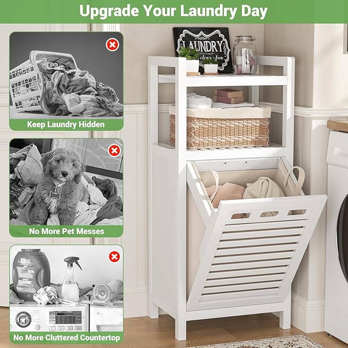 Homykic Tilt Out Laundry Hamper, 10 Gal Bamboo Laundry Storage Cabinet with Removable Basket, Hidden Hamper Organizer with Shelf for Dirty Clothes, Bathroom, Laundry Room, Space Saving, White