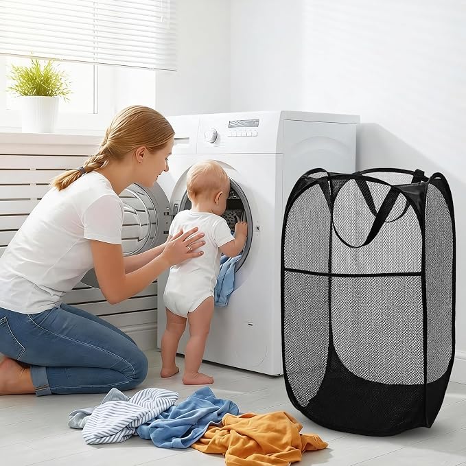 BATTOO Deluxe Strong Mesh Pop up Laundry Hamper Basket with Side Pocket for Laundry Room, Bathroom, Kids Room, College Dorm or Travel 2 Pack Black