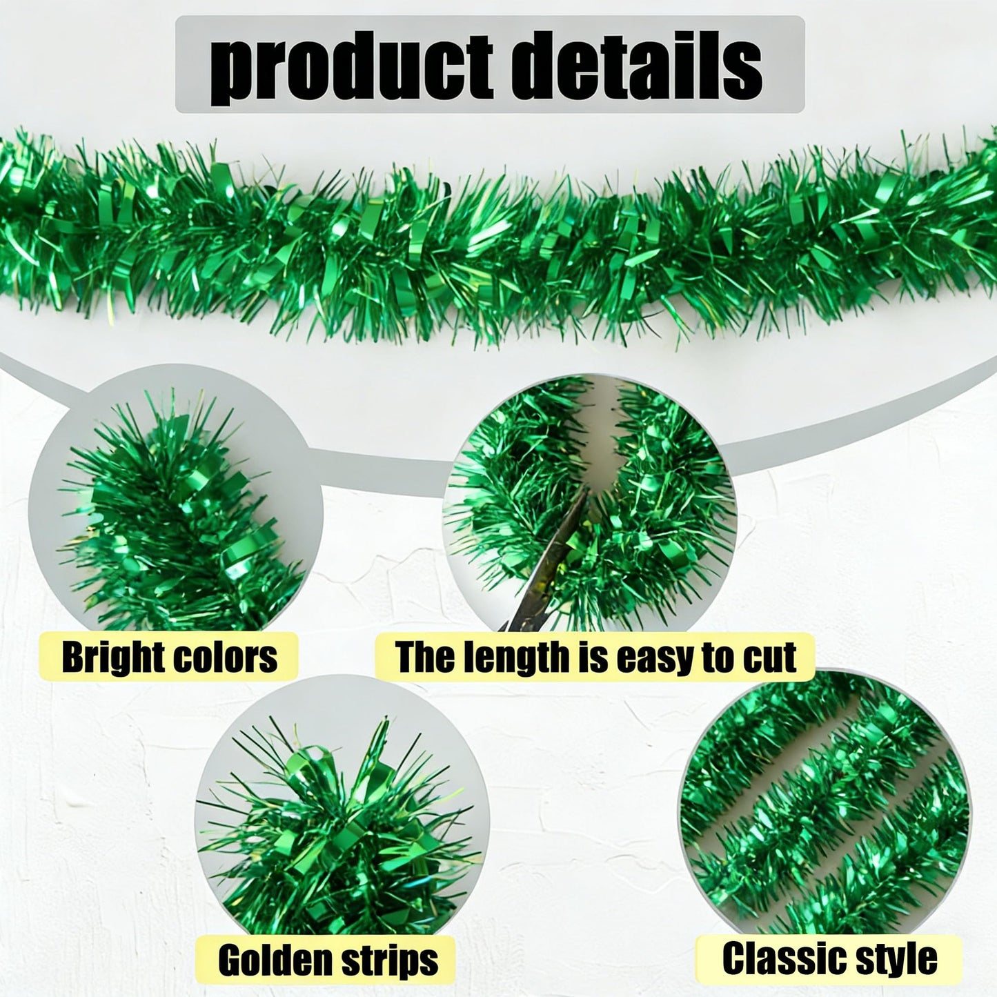 Yocknoce Green Tinsel Garland, 33 Ft Christmas Tree Decoration, St. Patrick’s Day Party Supplies, Green Theme, Jungle Safari Birthday Backdrop, Festive Indoor Decor