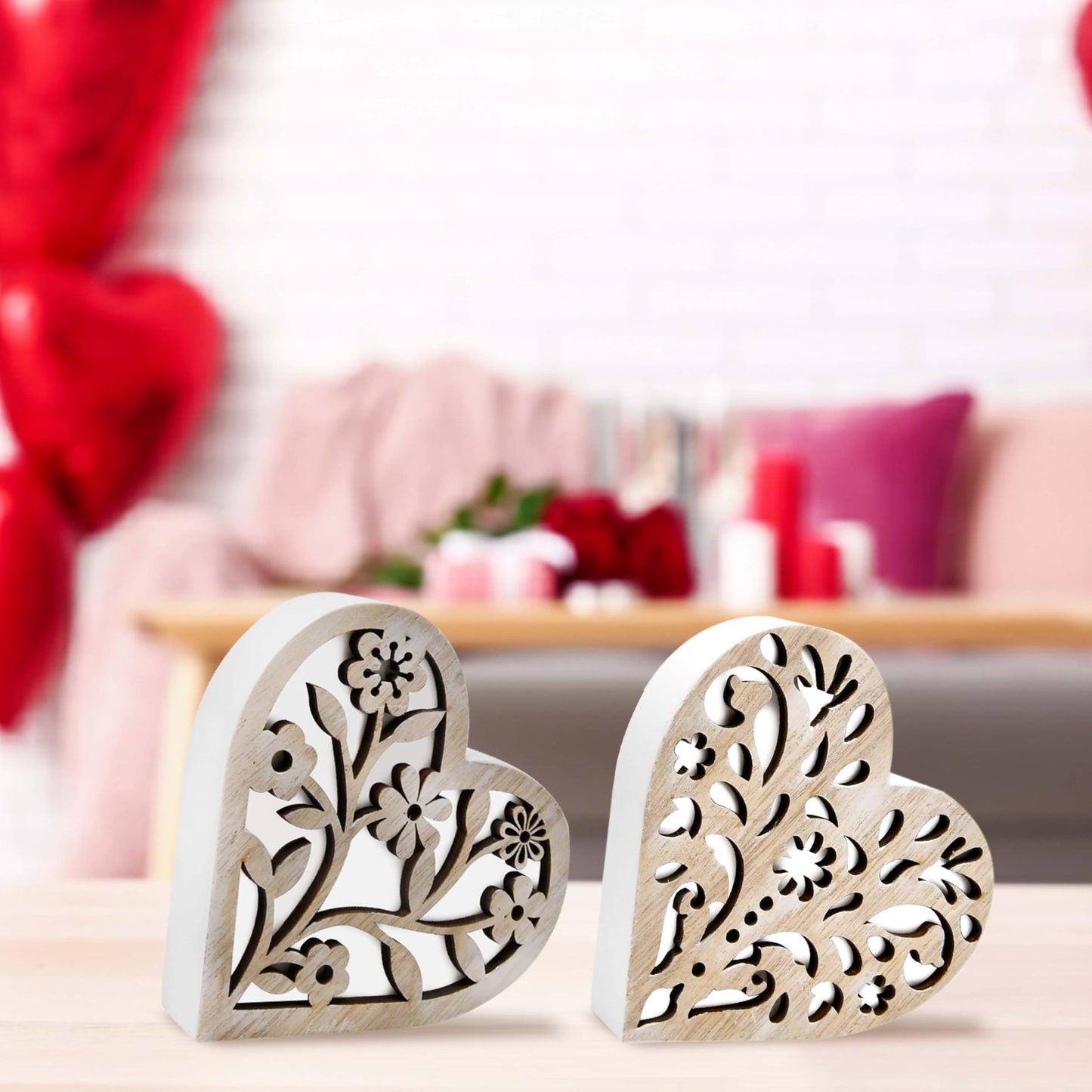 Gift Boutique Valentines Day Wooden Heart Blocks Set of 2 Rustic Carved Wood Hearts Love Sign Centerpiece Home Tiered Tray Table Decor Couple Gifts