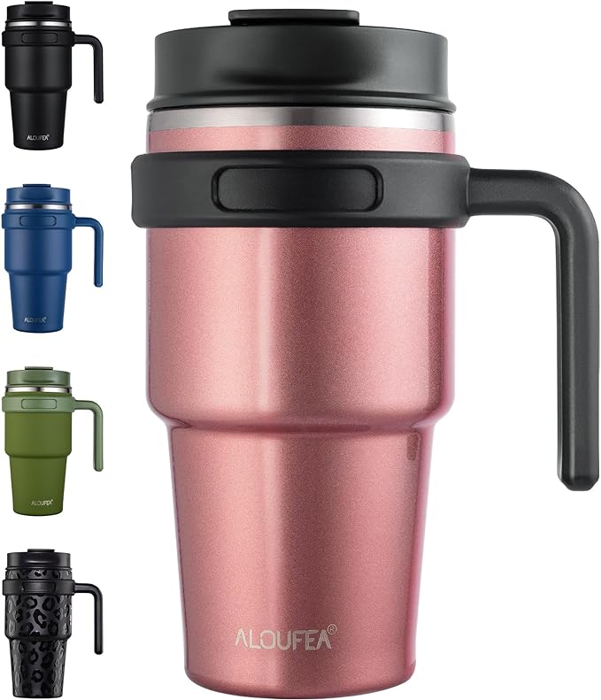 20 oz Insulated Coffee Mug Tumbler with Handle, Stainless Steel Travel Mug Tumbler with Lid and Straw,Double Wall Vacuum Leak Proof Ice Coffee Thermal Cup, Rose Gold