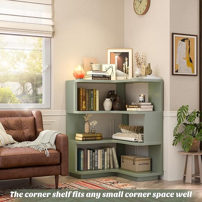 Armocity Corner Book Shelf - 4 Tier Corner Bookshelf Etagere Bookcase with Baffle, Freestanding L Shaped Display Shelf Stand for Home Office, Living Room, Bedroom, Kitchen, Crab Green