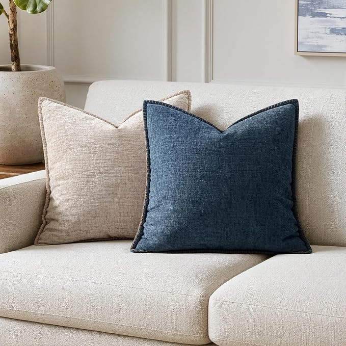 MIULEE Pack of 2 Couch Throw Pillow Covers 18x18 Inch Dark Blue Farmhouse Decorative Pillow Covers with Stitched Edge Soft Chenille Solid Dyed Pillow Covers for Sofa Bed Living Room