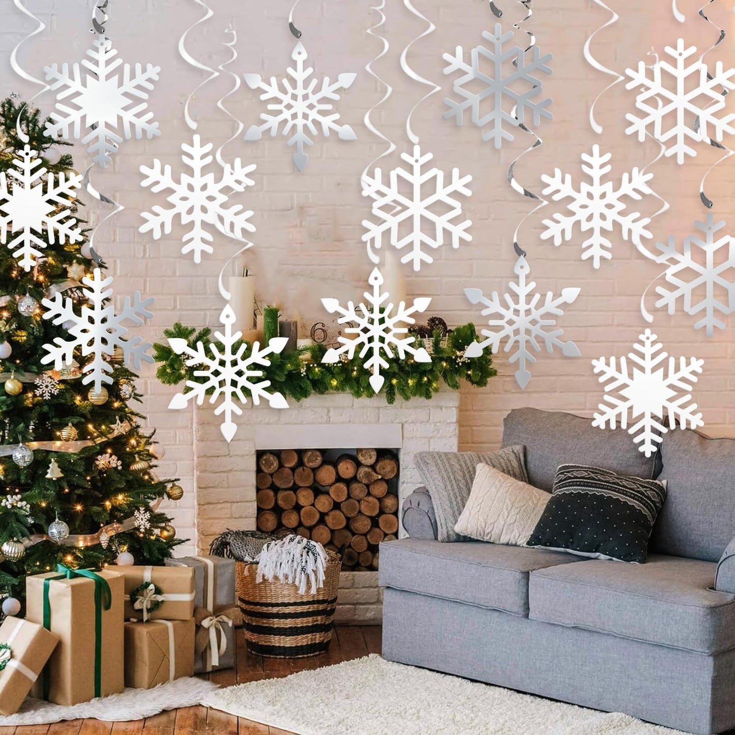 20Pcs Winter Snowflake Hanging Swirl Decorations, Christmas Snowflakes Ceiling Streamers Sliver White Snowflake Hanging Decorations for Christmas Winter Wonderland Frozen Party Supplies
