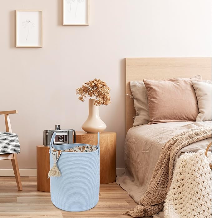 XUANGUO Cotton Rope Laundry Basket Hamper for Clothes Woven Storage Basket for Living Room Bedroom Boho Tall Rope Baskets for Blanket Toys Pillow Towels Baby Nursery Hamper Bin light blue