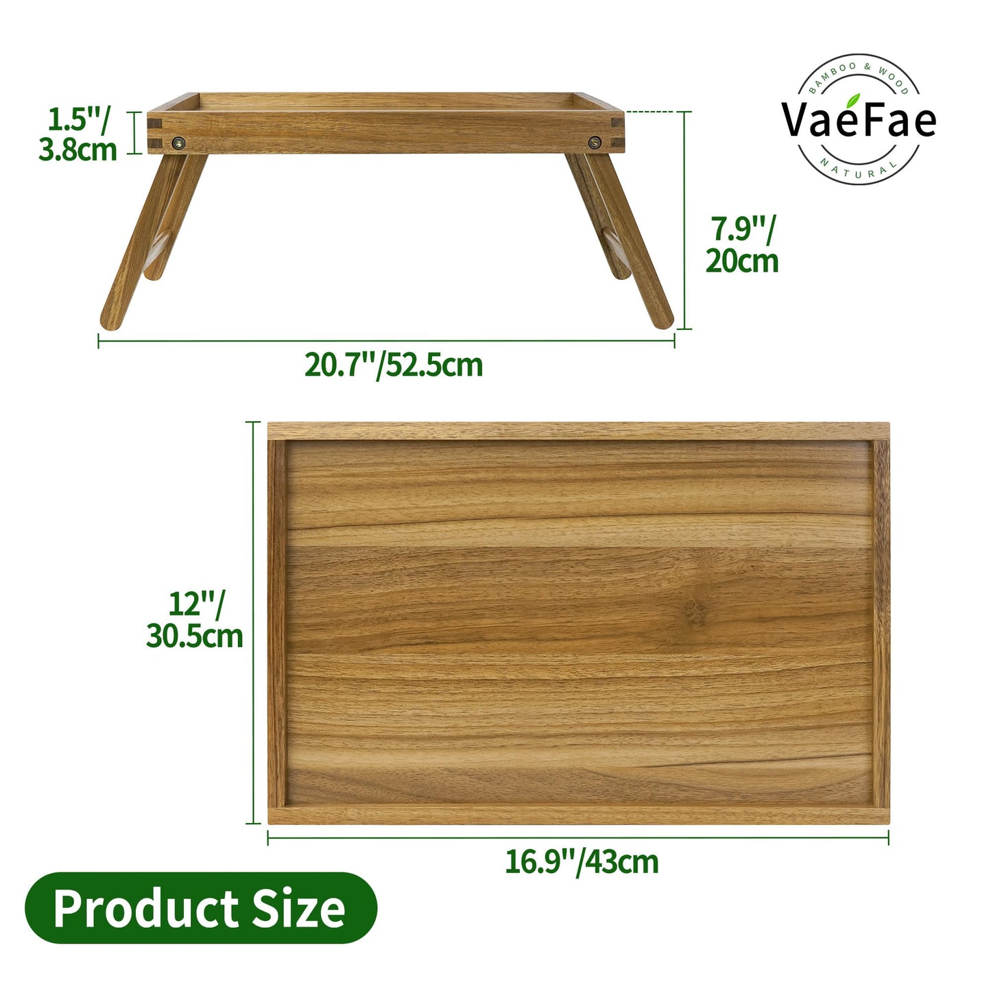 VaeFae Acacia Bed Table Tray, Wooden Breakfast Tray with Folding Legs, Bed Tray for Eating and Laptop, Eating Trays for Bedroom