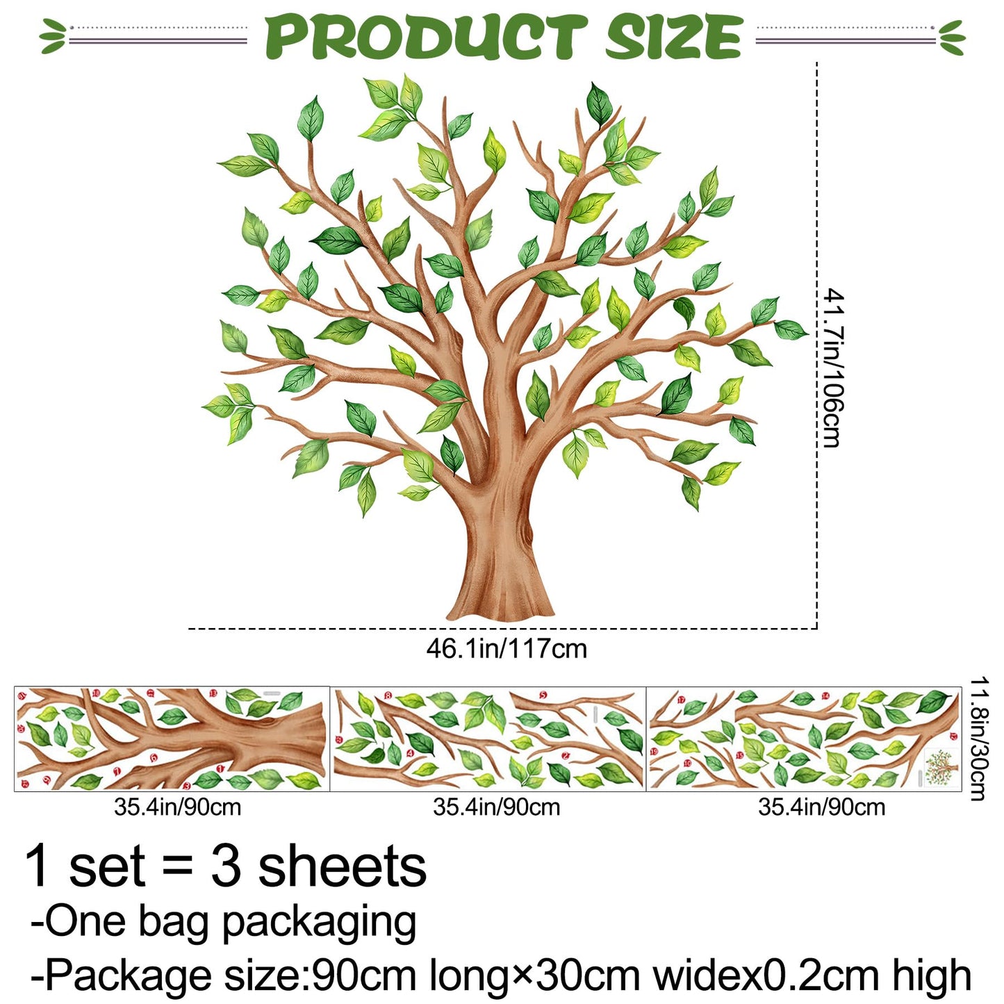 DTLIFEK Giant Green Tree Wall Decals Green Plants Jungle Wall Sticker Flying Leaves Vinyl DIY Removable Peel and Stick Wallpaper for Kids Bedroom Nursery Classroom Sofa Background Home Decoration 2054