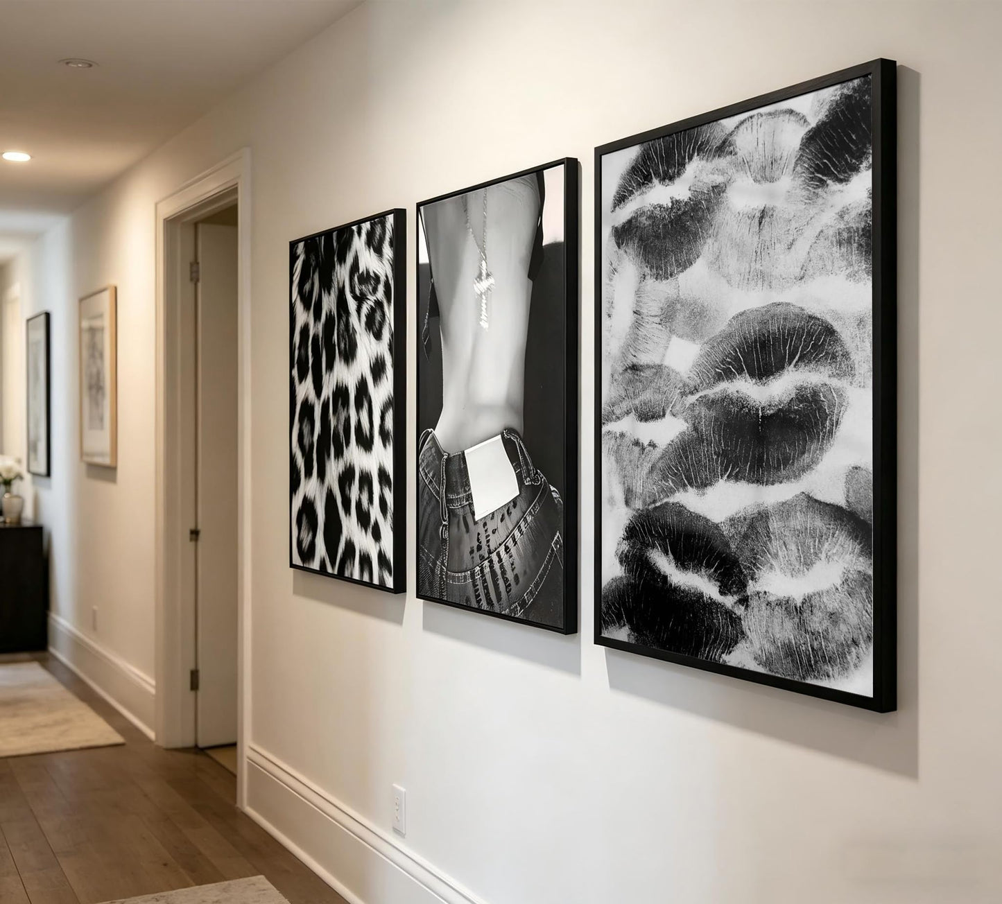 Set of 3 Fashion Chic Wall Art Kiss Lips Poster Leopard Picture Wall Decor Trendy Y2k Print Black and White Aesthetic Girly Room Decor for Bedroom Living Room Dorm Home Decoration Unframed 12"x16"
