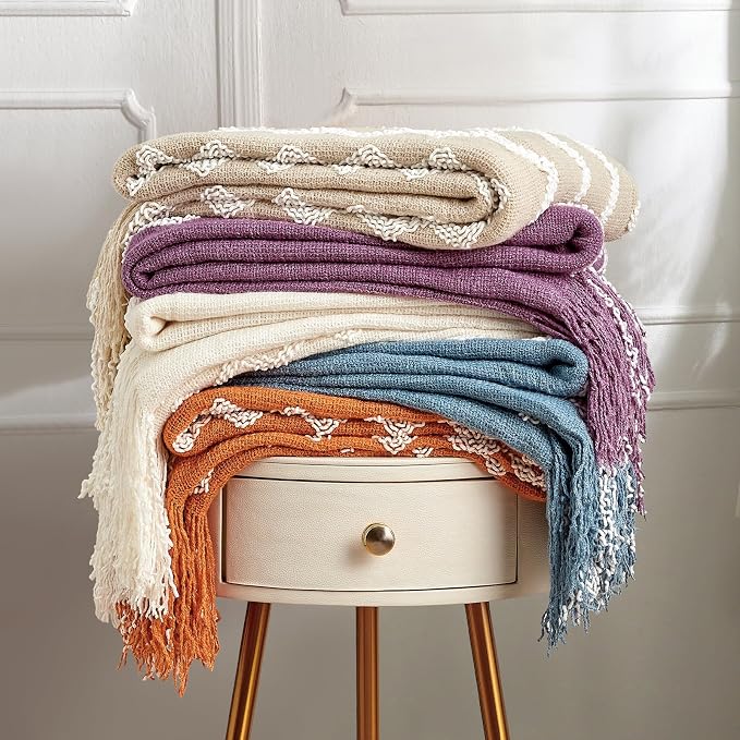 BOURINA Fluffy Chenille Knitted Fringe Throw Blanket Lightweight Soft Cozy for Bed Sofa Chair Throw Blankets, Off White 50" x 60"