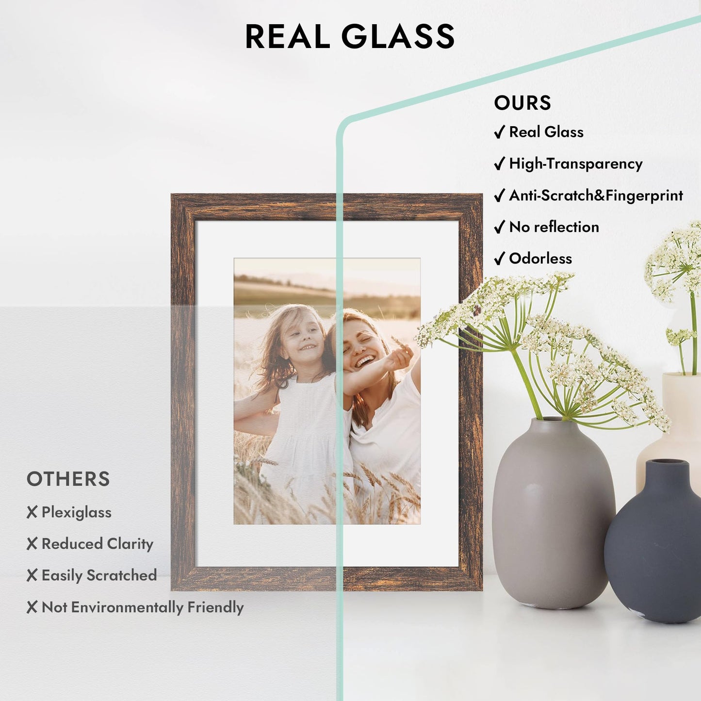 Hongkee 5x7 Picture Frame with Glass, Display Pictures 4x6 with Mat or 5 x 7 without Mat - Wall and Tabletop, 5 by 7 Photo Wooden Frames (Rustic Brown, 1 Pack)