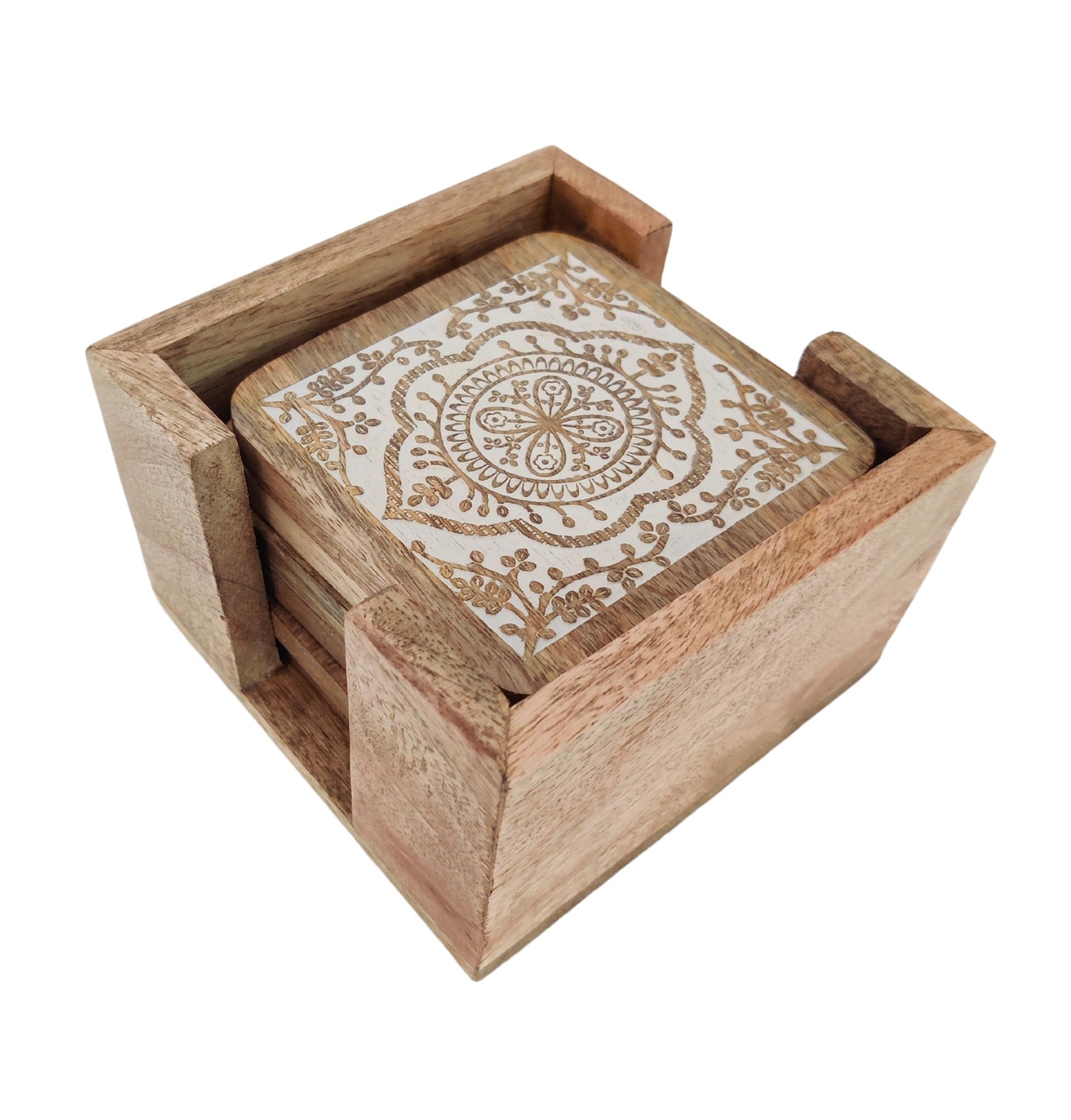 VANIYA CRAFTS® Handmade Wooden Coasters for Drinks with Holder for Coffee Table, Hot Drinks, Beverages, Housewarming Gift (Natural White Finish) (Natural White)