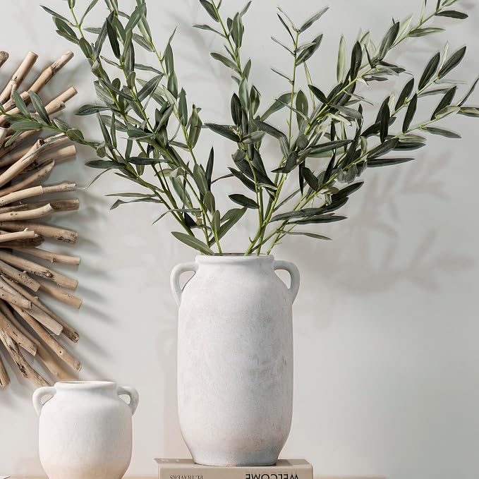 Ceramic Flower Vase Home Decor - Farmhouse Rustic White Table Vases with Handle Living Room Decoration Decorative Vintage Pottery for Kitchen Shelf Coffee Dining Desk Bookshelf Fireplace (6" Rustic)