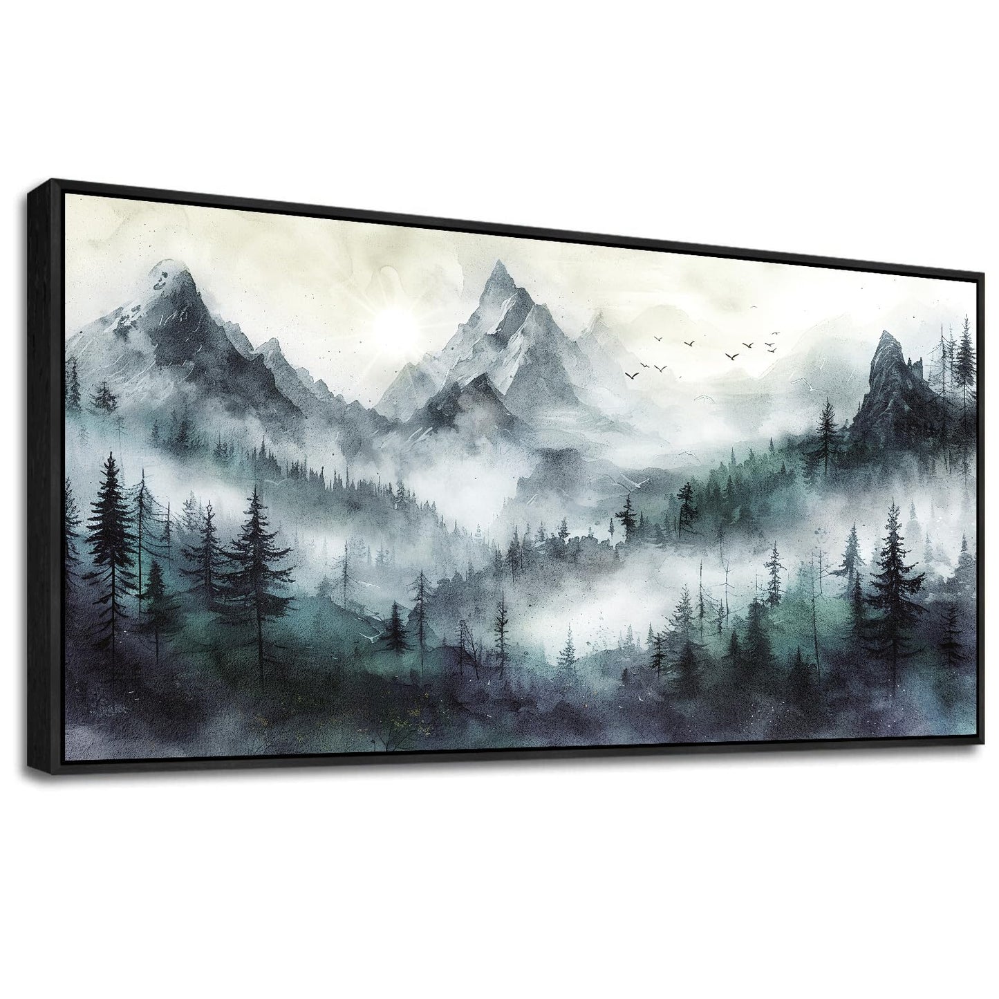 Wapluam Large Canvas Wall Art For Living Room Modern Wall Decor For Bedroom Trees Landscape Painting Foggy Forest Pictures Mountain Nature Art Canvas Prints Office Home Decor Black Framed 40x20