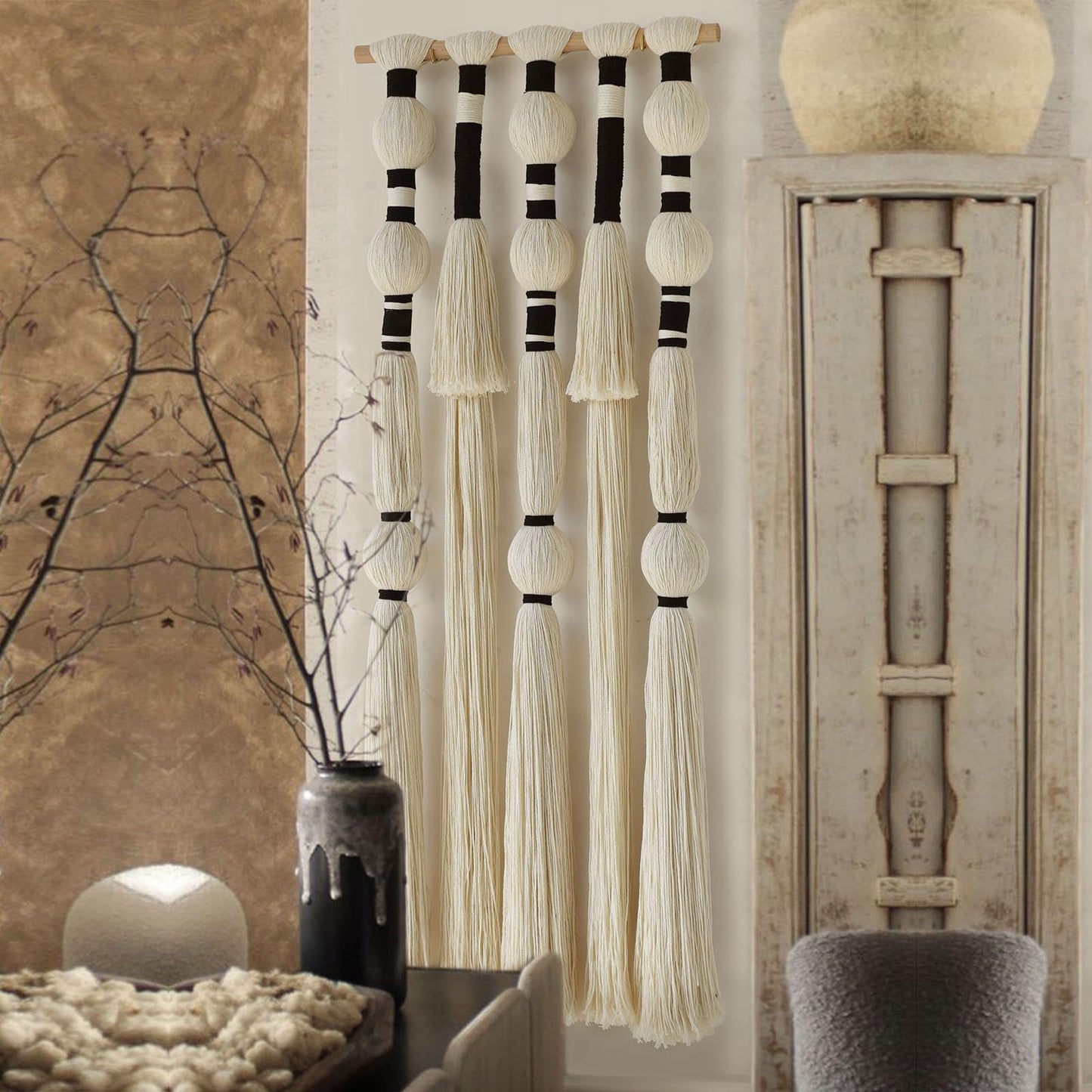 Flber Macrame Wall Hanging Tassels Sphericity Cotton Textile Hanging Geometric Yarn Wall Art for Bedroom Living Room Decor 15.7" W x 39" L