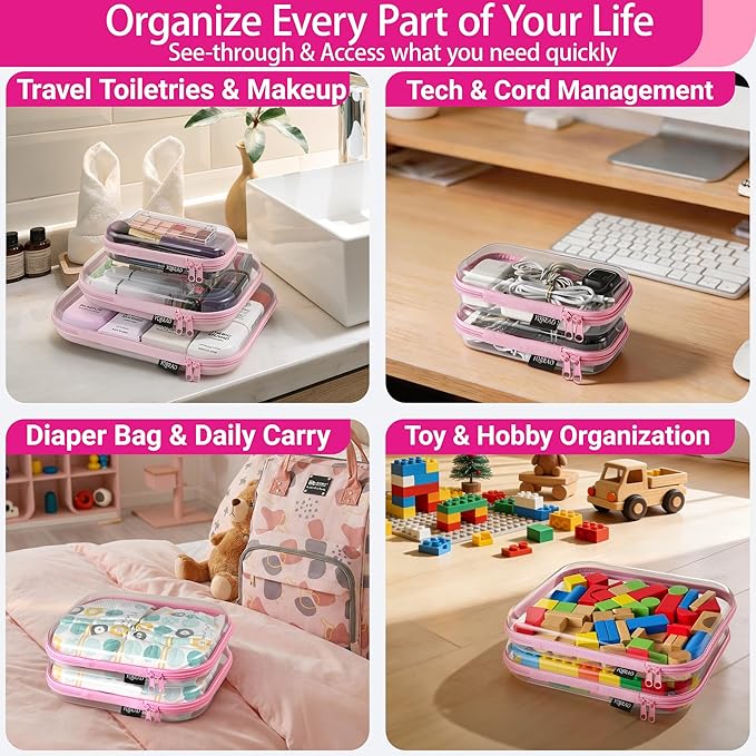 YQBRAO 6 Pack Soft Pink Clear Hard Shell Zipper Case, 1.2mm Crush-Proof Makeup Bag & Skincare Organizer, Heavy Duty Travel Pouches for Toiletries, Art Supplies & Daily Carry (2L+2M+2S)