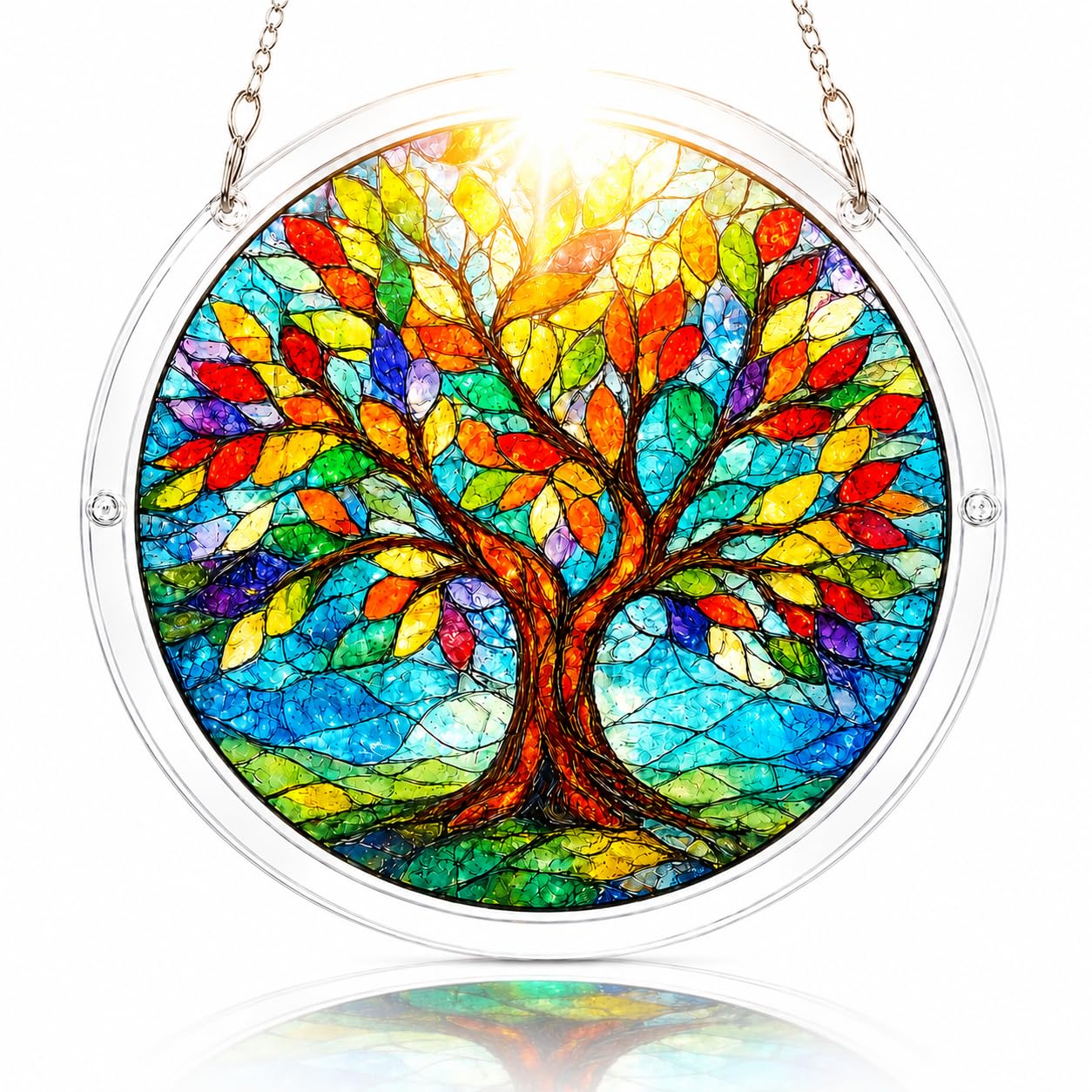 Stained Glass Tree of Life Suncatcher - Acrylic Jigsaw Puzzle Kit for Adults - Window Hanging Decor with 11 Unique Blessing Pieces - Rainbow Maker Memorial Gifts, Garden Art (9in)