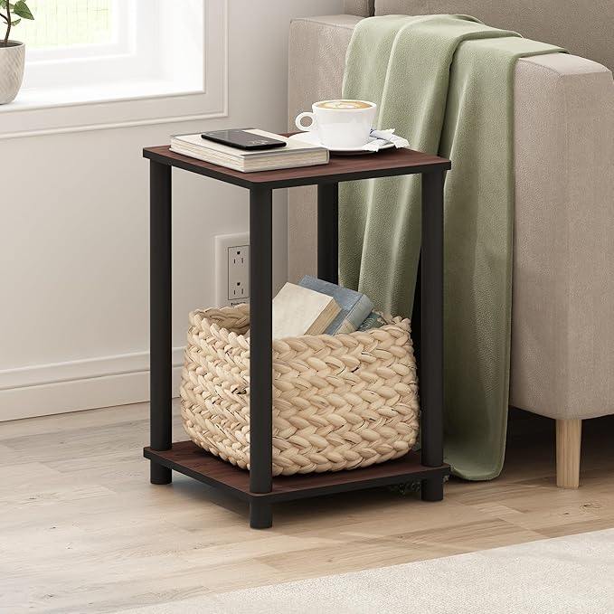 Furinno Turn-N-Tube Toolless Assembly Side Table, 2-Tier Brown End Table with Open Shelf, Night Stand, Bedside Table, for Living Room, Bedroom, Cherry Oak