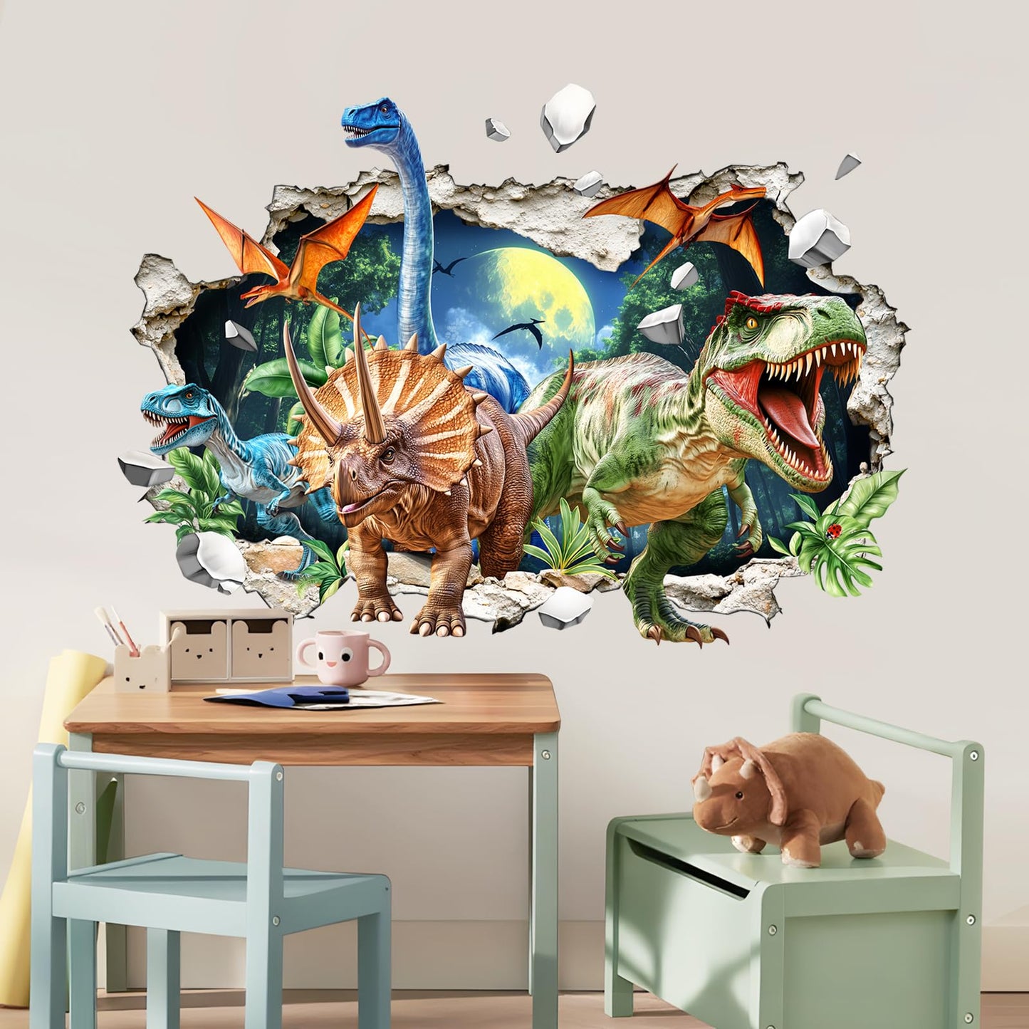 3D Dinosaur Wall Decals Break Through Large Dino Jungle Dinosaur Wall Stickers for Boys Kids Bedroom Baby Nursery Playroom Classroom Decor