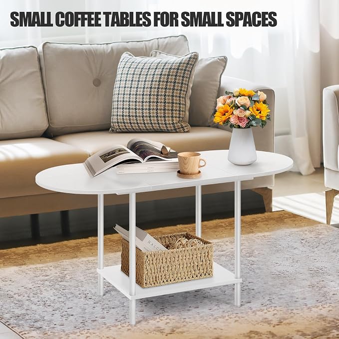 White Coffee Tables for Living Room,Mid Century Oval Center Table with Storage Shelf and Wood Tabletop,2-Tier Modern Narrow Cocktail Tea Table for Small Space,Small Apartment
