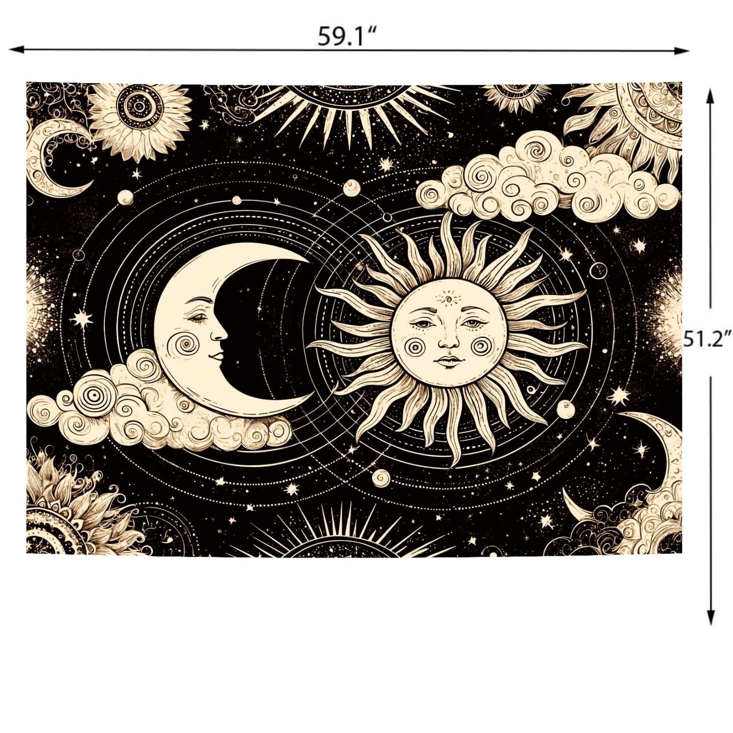 Delur Sun and Moon Tapestry Black Dark Boho Spiritual Burning Sun Tapestry Wall Hanging Mystic Aesthetic Cloud Abstract Star Psychedelic Headboard for Bedroom Living Room Home Decor (51.2" x 59.1")