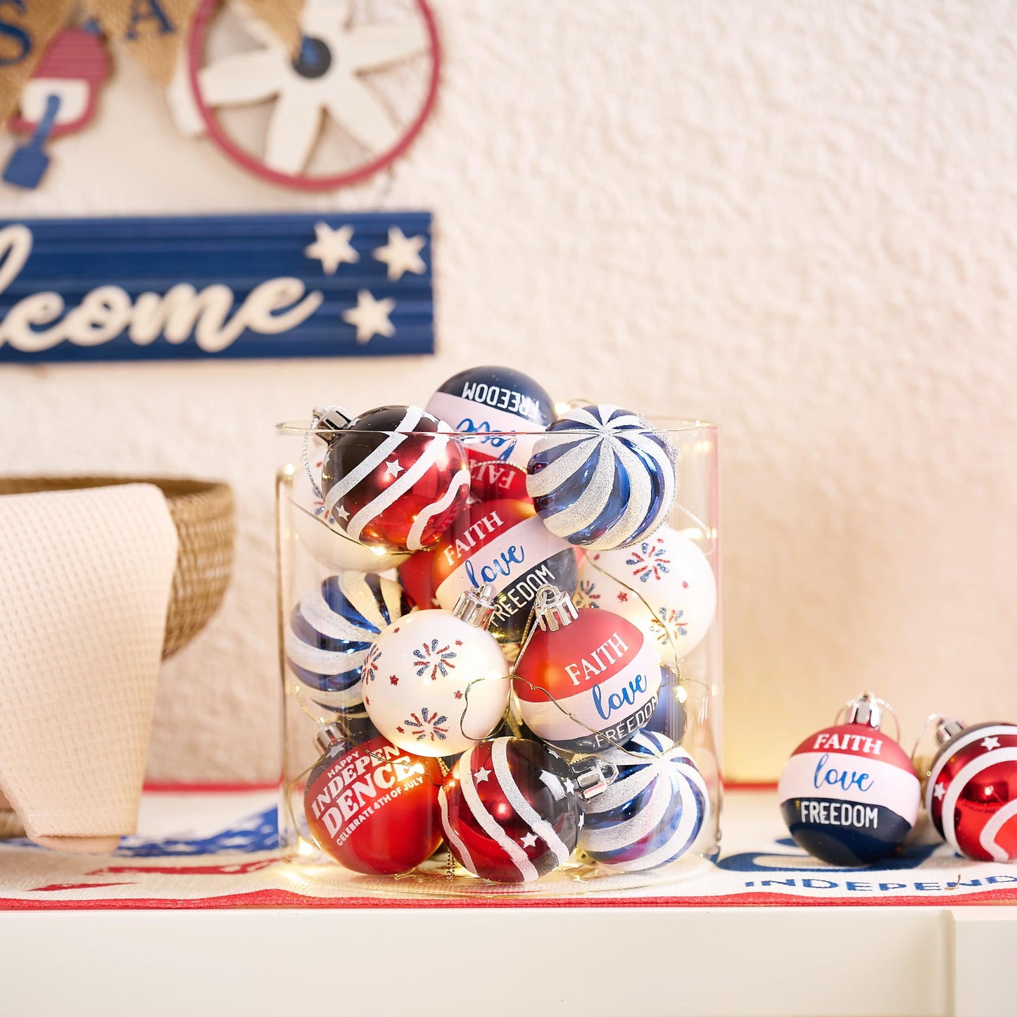 Valery Madelyn 4th of July Tree Decorations for Patriotic Memorial Day Ornaments, 16ct 2 Inches Red White Blue Shatterproof Americana Hanging Ball Decor for Independence Day USA 250th Anniversary