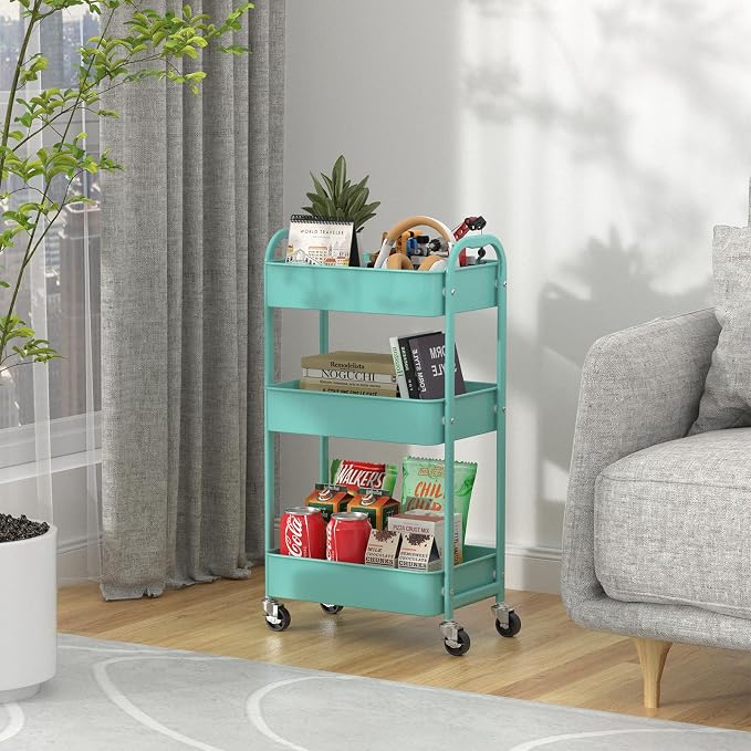 MAX Houser 3-Tier Rolling Utility Cart with Caster Wheels,Easy Assembly, for Kitchen, Bathroom (Turquoise)
