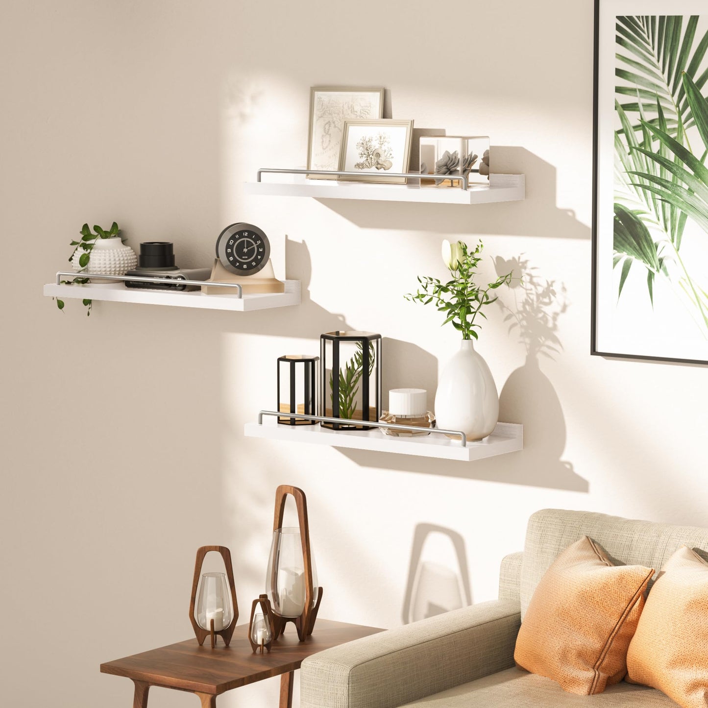 RYOFOBETTO Floating Shelves for Wall Decor, White and Grey Shelves for Bathroom, Living Room, Bedroom, Picture Frames, Plants, Kitchen (Set of 3)