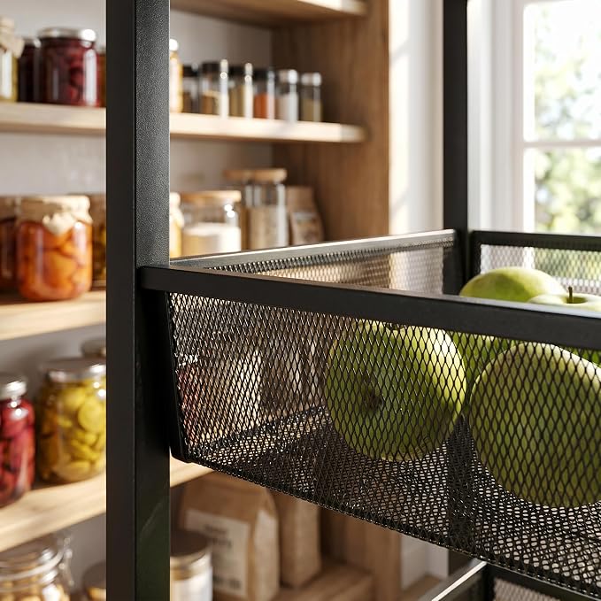 Homleke 4-Tier Rolling Kitchen Storage Cart, Utility Cart with Wooden Tabletop & Metal Baskets, Fruit Vegetable Basket for Kitchen, 3-S Hooks, Rustic Brown and Black