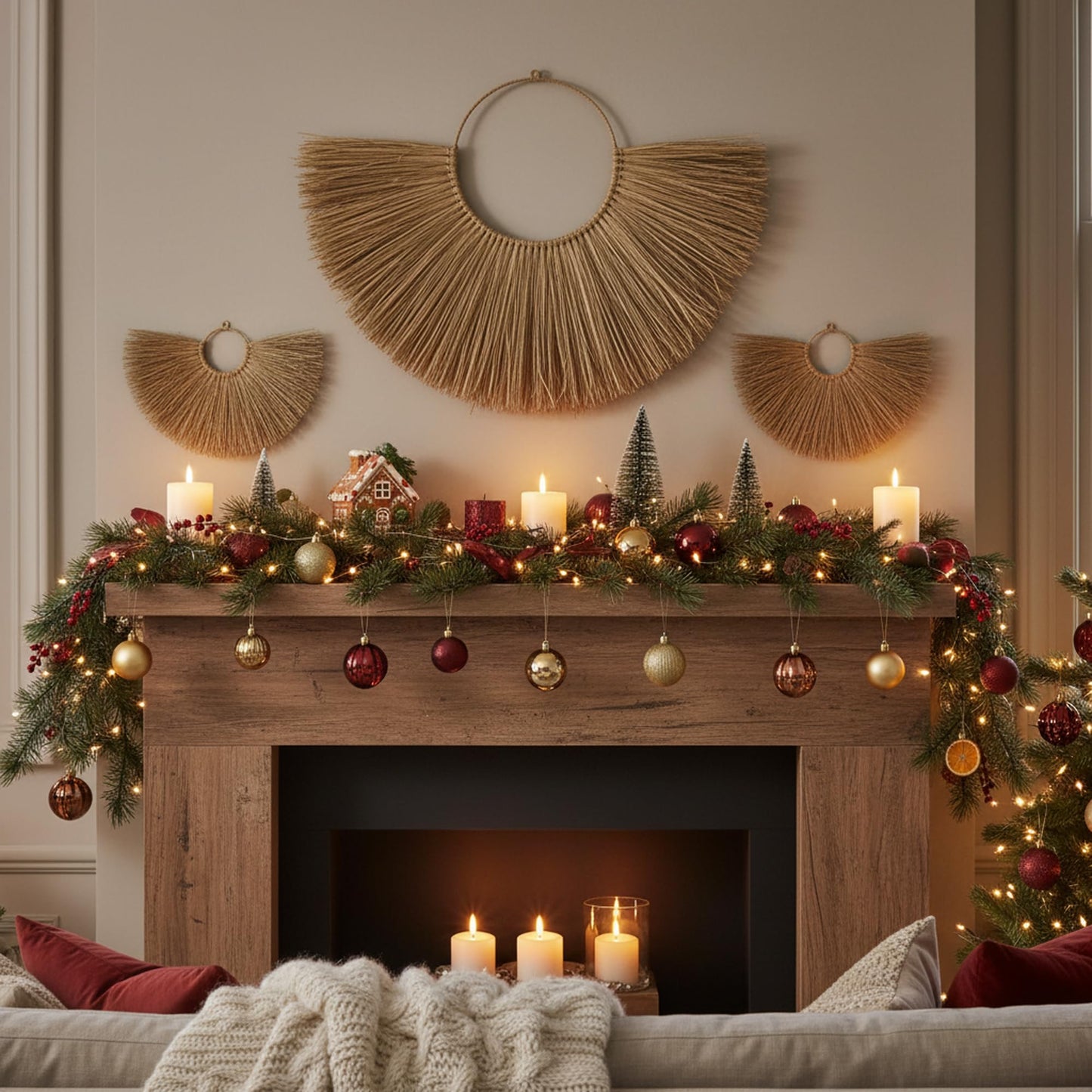 PEMAR Rustic Boho Wall Hanging Decor: Set of 3 Woven Seagrass Fans - Perfect for Living Room, Bedroom & Headboard Art (XL: 35.4" D, L: 27.6" D, M: 19.7" D)